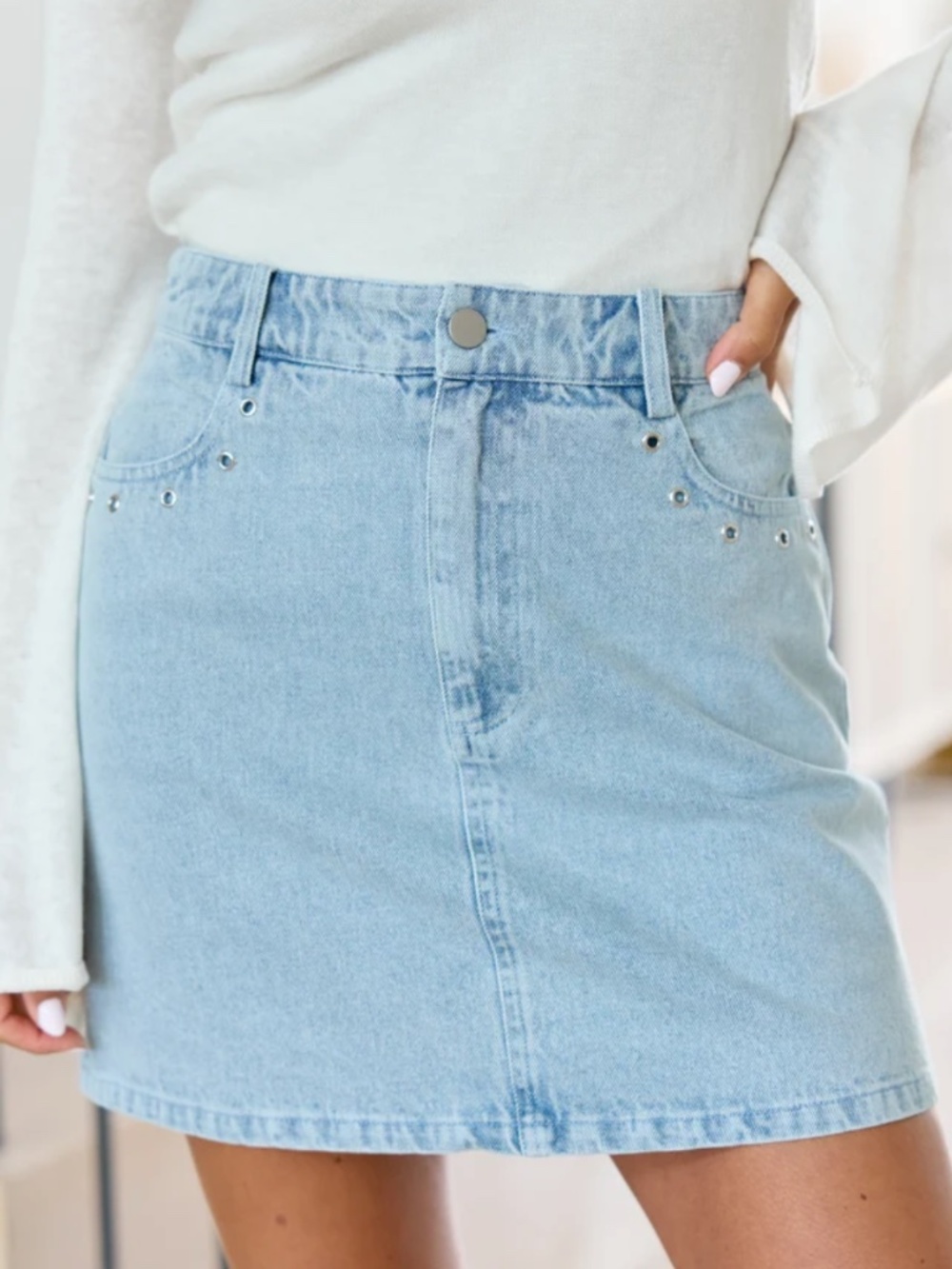 NEW Pink Lily Studded Light Wash Denim Mini Skirt